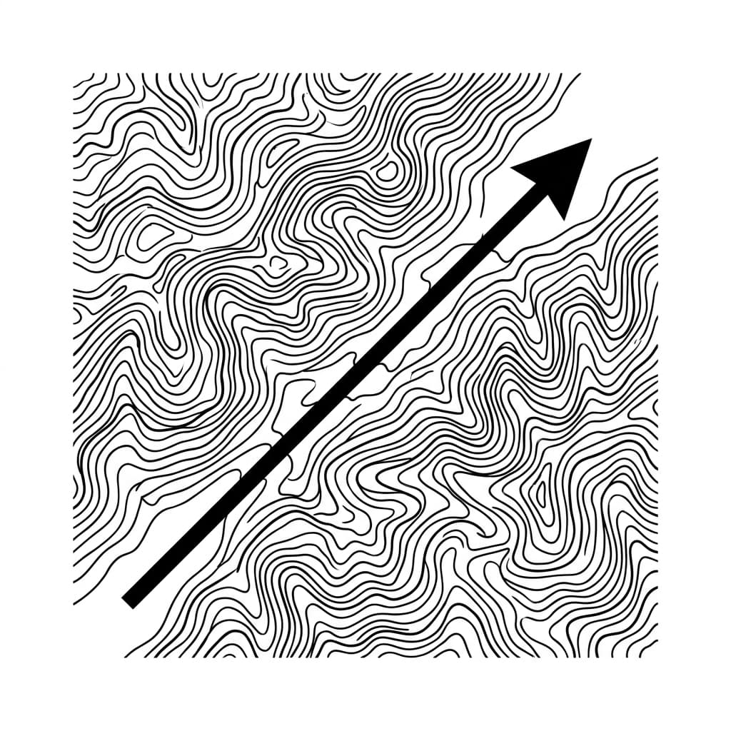Topographic landscape with an arrow crossing unmapped terrain